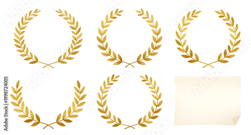 gold laurel wreath, victory emblem set, award wreath design, winner badge icon, achievement symbol, golden champion emblem, honor wreath illustration, prestige award graphic, decorative laurel branche