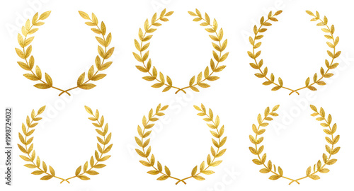 gold laurel wreath, victory emblem set, award wreath design, winner badge icon, achievement symbol, golden champion emblem, honor wreath illustration, prestige award graphic, decorative laurel branche