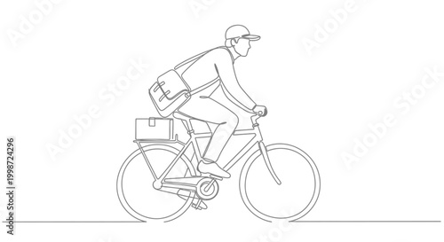Delivery man on bicycle with bag and package, line art illustration