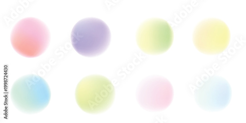Colorful pastel gradient noise round element set. Opalescent dotwork gradation circles. Pastel pink, blue and green textured shapes. Kids sand diffuse effect callouts. Vector paint spray balls icons.