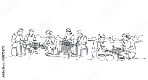 Continuous line art of women weaving and working together.