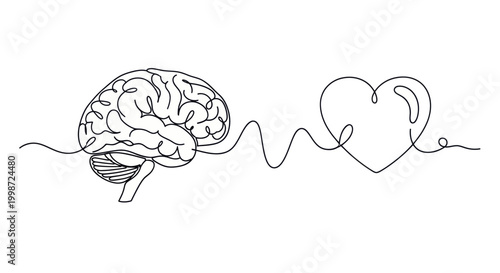 Continuous line drawing of a human brain connected to a heart symbol.