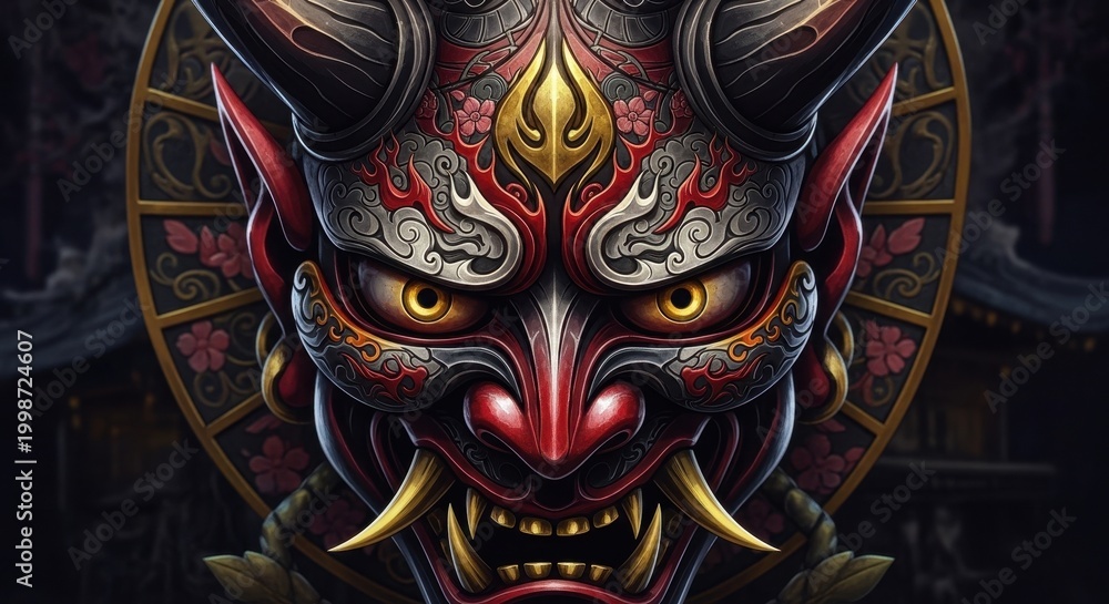Naklejka premium Intricate Digital Illustration of a Japanese Oni Mask.