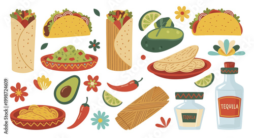 Delicious Mexican Food and Drinks Assortment Illustration.