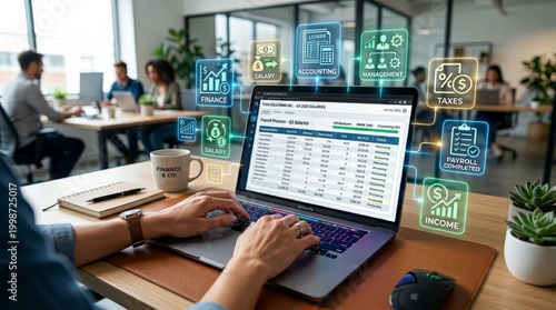 Accountant reviewing payroll spreadsheet with neon financial management icons floating above laptop screen. Salary processing, accounting software, tax compliance, income reporting.