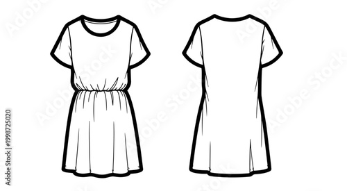 Vector line art of a short-sleeve casual dress with elastic waist, front and back view.
