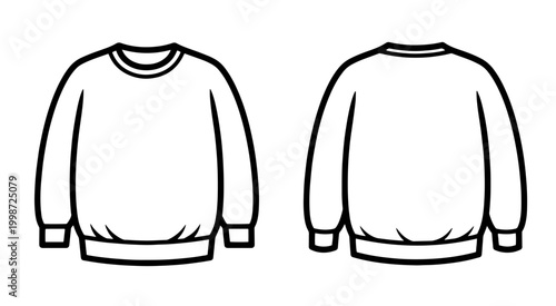 Vector line art of a basic long-sleeve crewneck sweater template, front and back view.