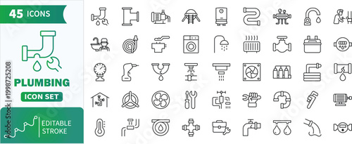 Plumbing Line icon set. Collection of heating, repair, domestic, house, equipment, installation and more . Editable Stroke