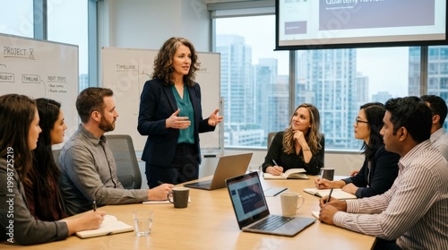 Diverse business team in high-rise office meeting with woman leader presenting quarterly review project strategy. Corporate leadership, team collaboration, business planning.
