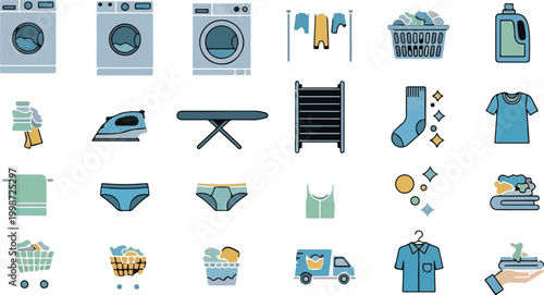 Laundry service icons set, washing machine and dry cleaning vector elements, blue and yellow housekeeping symbols for domestic chores and laundry business