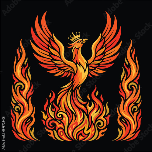 Phoenix Rising from Flames Crowned.