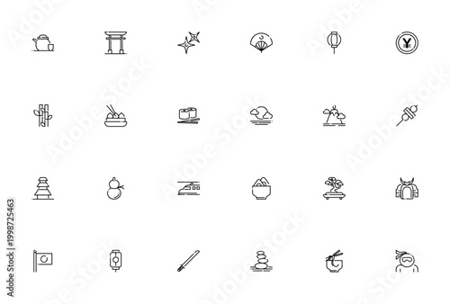Japan icon set. Vector illustration featuring tea pot, gate, fan, sushi, katana, ninja, bonsai, yen, shinkansen and more. Editable stroke.