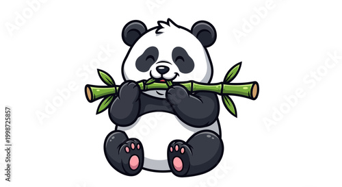 Cute cartoon panda illustration happily eating a fresh bamboo stalk, an adorable animal character design in a playful style, great for graphic applications