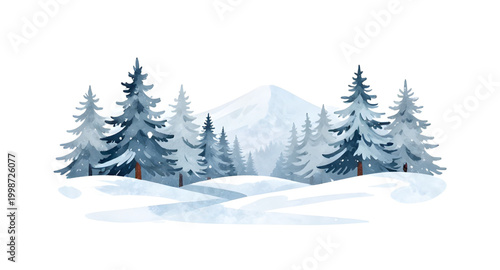 winter watercolor landscape, snowy pine forest, christmas tree scenery, cold nature illustration, snow covered trees, festive winter background, watercolor forest painting, frozen woodland scene, holi