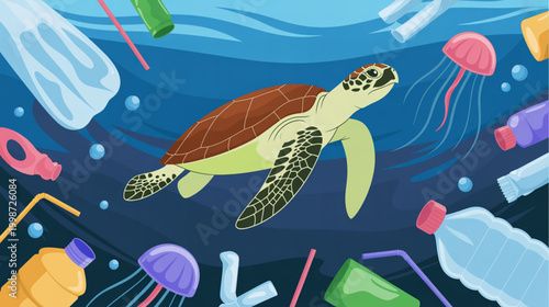 Sea turtle, ocean pollution, plastic waste, marine life, eco issue, conservation isolated on Transparent Background
