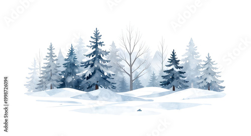 winter watercolor landscape, snowy pine forest, christmas tree scenery, cold nature illustration, snow covered trees, festive winter background, watercolor forest painting, frozen woodland scene, holi