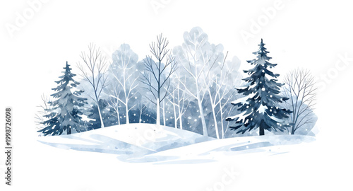 winter watercolor landscape, snowy pine forest, christmas tree scenery, cold nature illustration, snow covered trees, festive winter background, watercolor forest painting, frozen woodland scene, holi