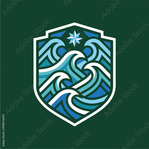 Waves and star shield logo.