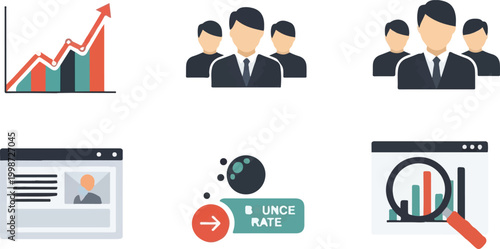 Business analytics and marketing icons set, corporate team and growth chart vectors, website data analysis and bounce rate infographic elements