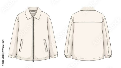 Men's Cream Zip-up Harrington Jacket Vector Technical Flat Sketch Illustration Template Front and Back Views