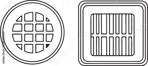 Drain grate and sewer cover line art icons with plumbing infrastructure industrial drainage circular construction maintenance sanitation metalwork technology structure
