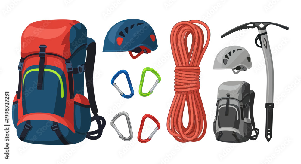 Εκτύπωση καμβά Climbing Gear: Backpacks, Helmets, Rope, Ice Axe, Carabiners - Outdoor Adventure