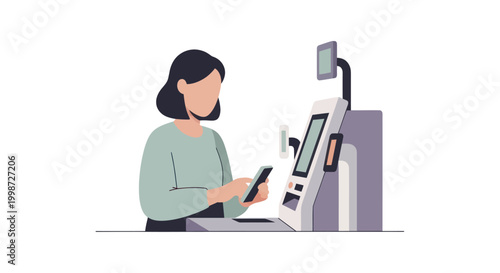 Woman using self-service checkout machine with smartphone.