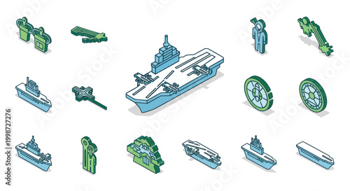 Isometric Naval Fleet and Transportation Icons: Aircraft Carrier, Ships, Submarine, Personnel