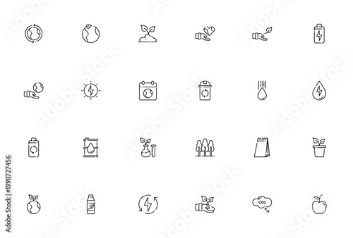 Environment icon set. Vector illustration pack featuring recycling, earth, sprout, solar energy, green power, CO2, trees and more. Editable stroke.