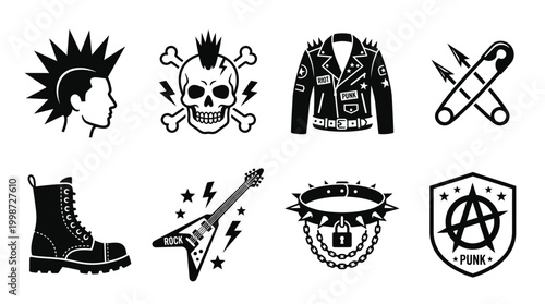 Collection of iconic punk rock symbols including mohawk hairstyle, skull with bones, spiked jacket, safety pins, boot, electric guitar, studded collar, and anarchy emblem.