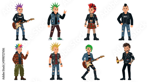 A vibrant collection of diverse punk rock subculture characters, featuring various iconic hairstyles, edgy clothing, and musical instruments, showcasing their unique individual styles and attitudes.