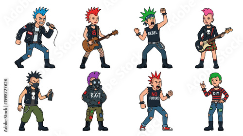 Cartoon punks with mohawks and rebellious attitudes, singing, playing guitars, and holding spray cans in a vibrant punk rock band collection.