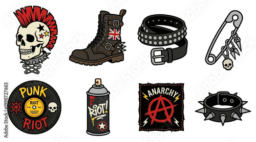 A collection of vintage punk rock style icons featuring a skull with mohawk, leather boot, studded belt, safety pin, vinyl record, spray paint can, anarchy patch, and spiked choker necklace.
