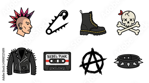 collection of punk rock icons including a spiked jacket, mohawk hairstyle, combat boots, and safety pin