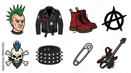 A vibrant collection of classic punk rock subculture elements, featuring a mohawked face, studded leather jacket, iconic red boots, anarchy symbol, and skull, representing rebellious style.