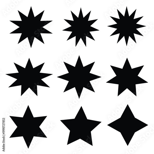 Geometric black starburst and sparkle icon set, minimalist star shapes collection