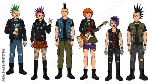 Diverse group of punk rockers with distinct hairstyles and edgy fashion, showcasing iconic subculture style and individuality.
