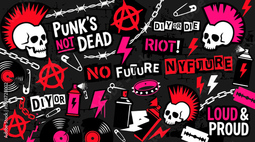 Vibrant punk rock style illustration showcasing rebellious skulls, iconic symbols, and protest slogans for an alternative youth culture theme.