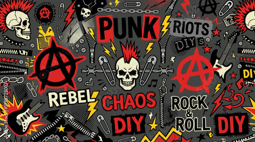 A dynamic and rebellious punk rock themed seamless pattern showcasing skulls, anarchy symbols, guitars, safety pins, and bold text.