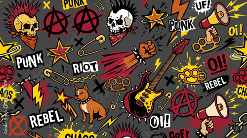 Dynamic punk rock collage features skulls, guitars, anarchy symbols, and riotous slogans for rebellious youth culture