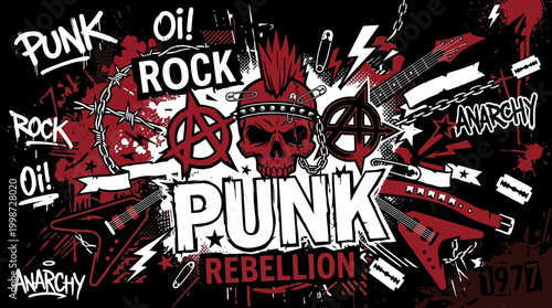 Edgy punk rock skull illustration featuring anarchy symbols and electric guitars designed in a bold street art graffiti style
