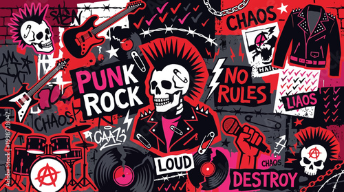 Punk rock skull and guitars explode with chaos and loud music on a graphic background