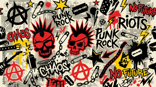 Vibrant punk rock graffiti pattern featuring red skulls and anarchy symbols on a distressed urban grunge textured concrete wall