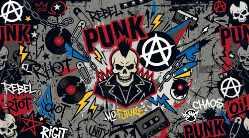 Vibrant rebellious punk rock seamless pattern with skulls, anarchy symbols, vinyl records, and graffiti creating an edgy alternative background.