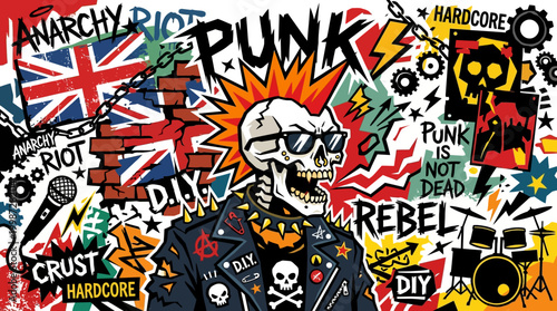 Punk skeleton with mohawk and sunglasses wearing a studded jacket symbolizing rebellion and anarchy, surrounded by bold graphics and text