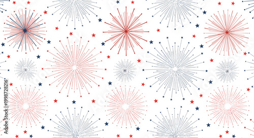 Red Blue Fireworks and Stars Seamless Pattern Vector Background for Fourth of July Independence Day Celebration