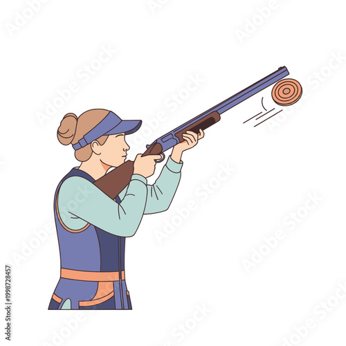 Woman shooting clay pigeon with shotgun, sports competition, outdoor activity