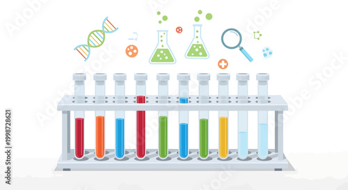 Science laboratory test tubes with colorful chemical solutions for research.