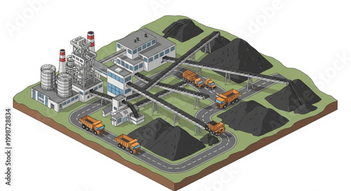Industrial coal processing plant with heavy machinery and raw materials.