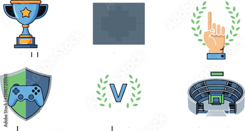 Esports gaming icons set, competitive tournament trophy and stadium vector elements, video game championship awards and victory symbols